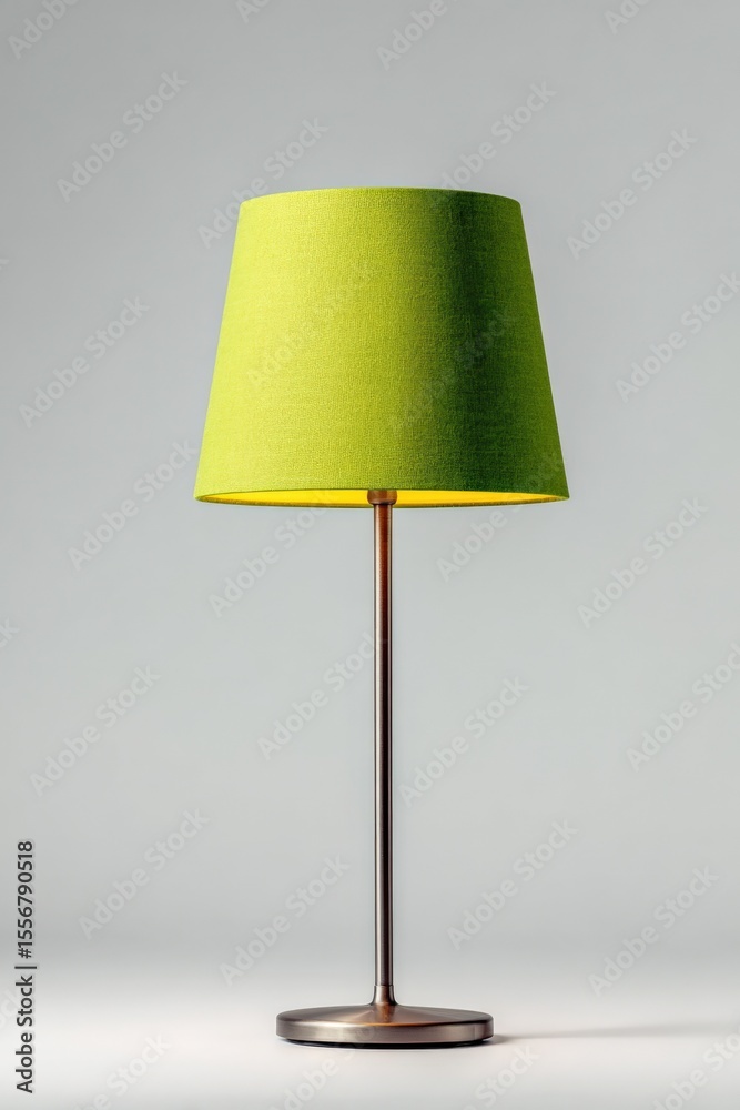 Poster modern minimalist table lamp with vibrant green fabric lampshade and sleek metal stand on a plain li
