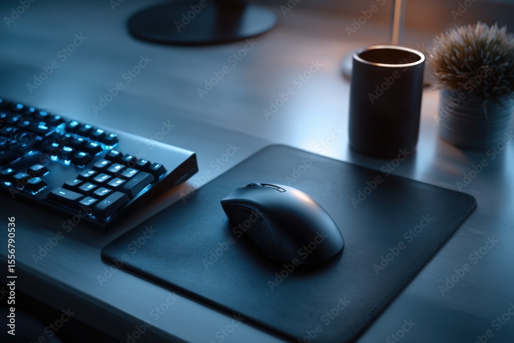 Poster modern gaming desk setup with mechanical keyboard mousepad and decorative plants in a dimly lit room