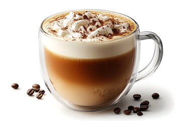 Coffee Latte in Clear Glass Mug with Whipped Cream and Cocoa Powder on White Background