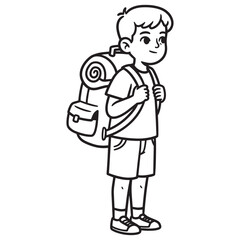 Illustration of a smiling boy prepared for backpacking adventure with his large hiking pack