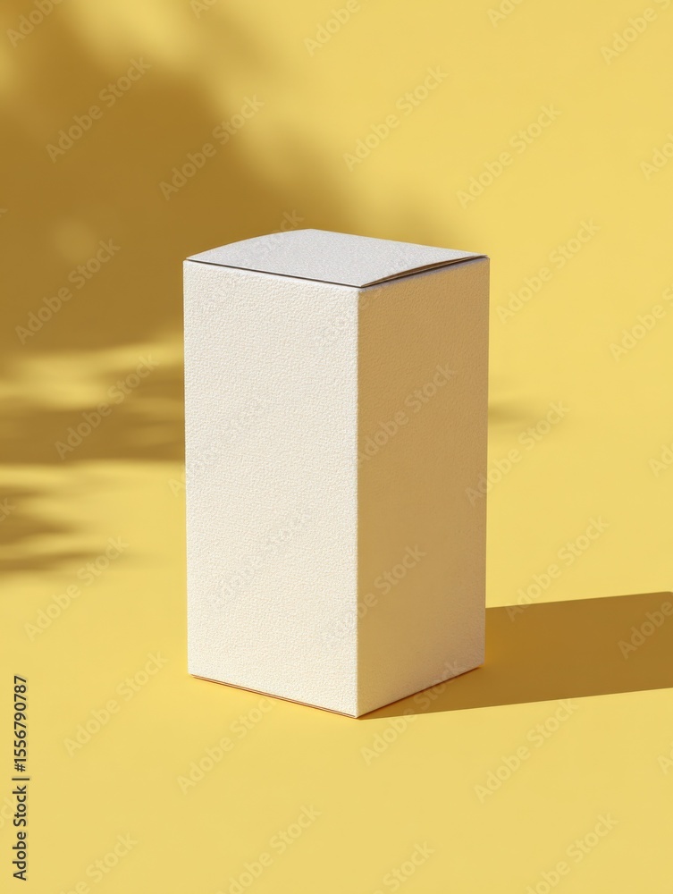 Aufkleber Minimalist beige rectangular block with textured surface casting shadow on vibrant yellow background for modern design and interior decor