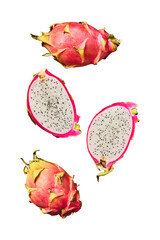Fresh dragon fruit halves and whole fruits isolated on transparent background