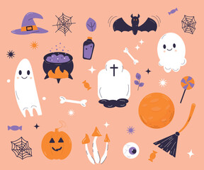 Halloween set. Fantasy ghosts, moon, bat, witch's brooms, hat, pumpkin, tombstone, sweet, bone, pot, fire, mushroom, spiderweb, eye, leaf.  Collection for banner, poster. Vector illustration