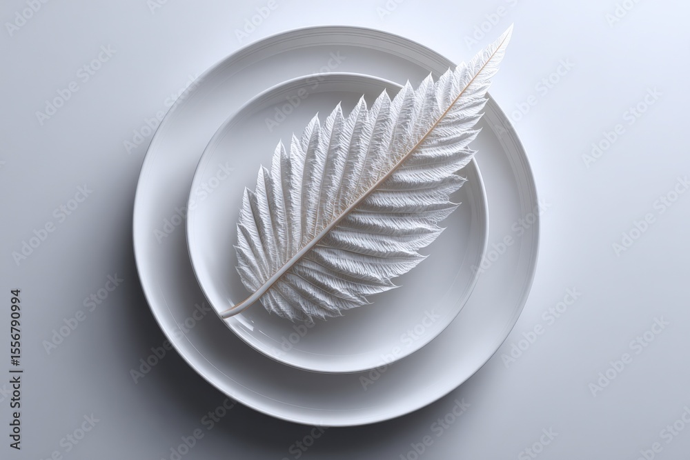 Poster elegant white metallic feather leaf sculpture resting on a layered white ceramic plate with soft sha