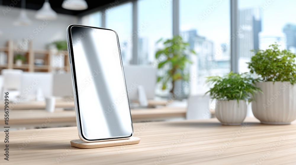 Poster modern sleek smartphone with reflective screen placed on a wooden table in contemporary office with 