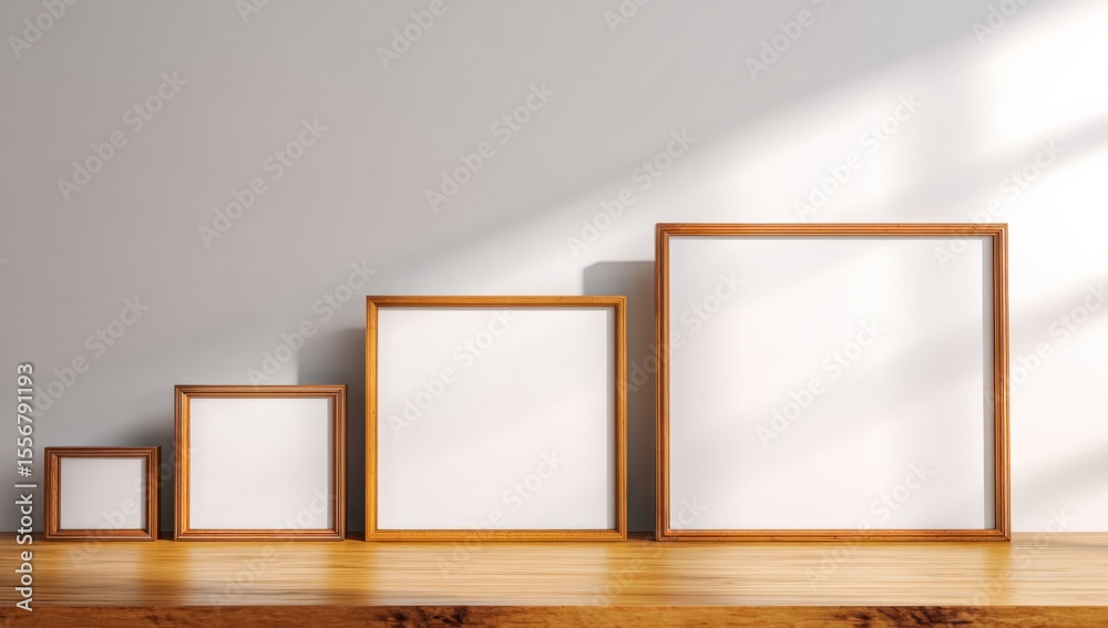 Poster Four empty wooden picture frames of varying sizes aligned on a wooden surface against a plain wall with natural light casting soft shadows