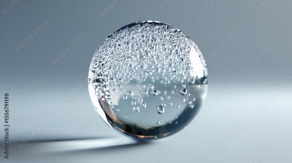 Poster Close-up of a clear glass sphere reflecting a bright light source and tiny water droplets on its surface with a smooth gradient background
