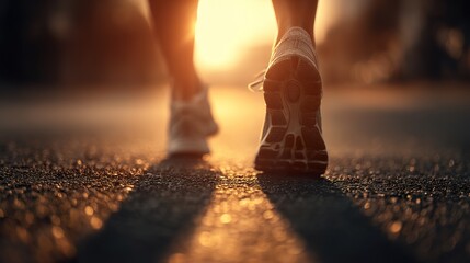 Morning jogger basking in the sunrise glow on a pristine trail, a refreshing start to the day