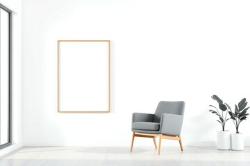 Modern minimalist living room with grey chair and blank frame