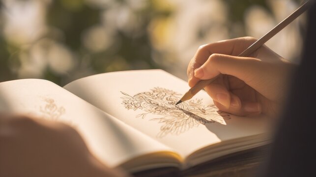 Woman drawing detailed botanical illustration in open sketchbook with pencil outdoors on sunny day, artistic plant sketching image
