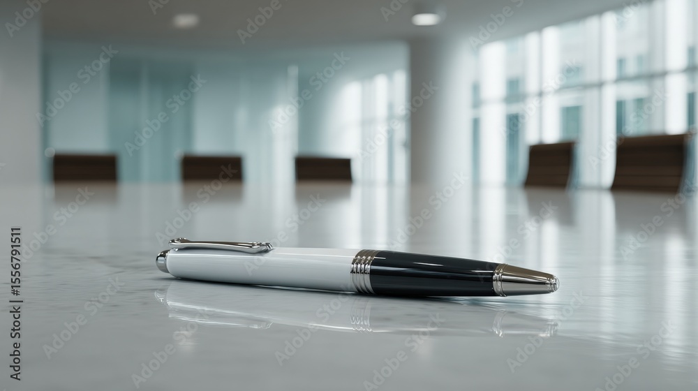 Poster modern office conference room with large and empty chairs around a long table with a close-up of a b