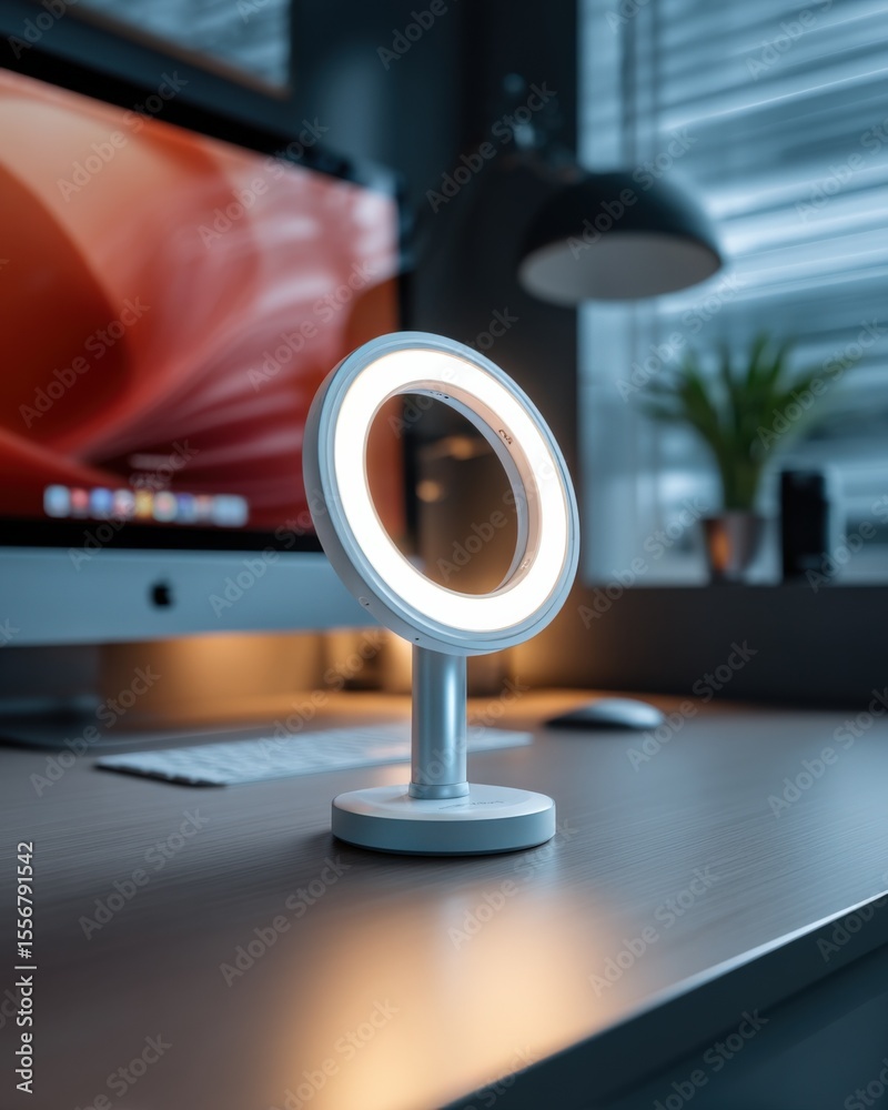 Poster Modern LED Light on Desk with Computer Monitor and Office Desk in Bright Workspace