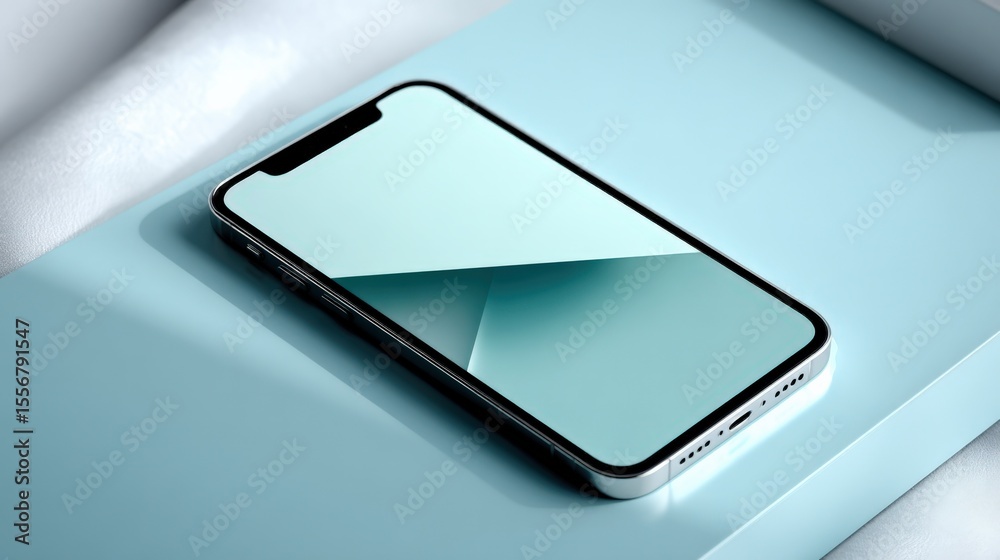 Poster Modern black smartphone with slim design and edge-to-edge display resting on a pastel blue surface with reflective elements and soft lighting
