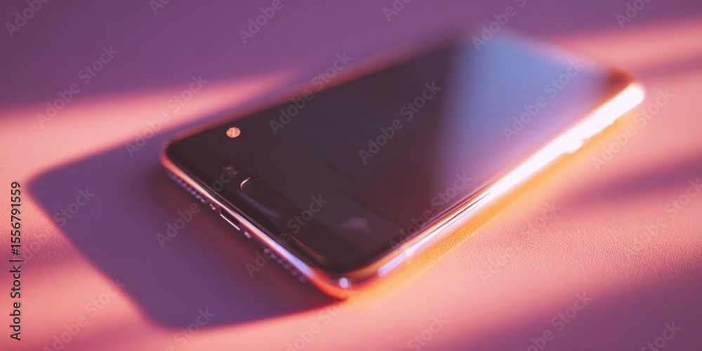 Poster Sleek modern smartphone with a glossy screen and metallic edges lying on a pink surface illuminated by colorful lighting for technology and communication visuals