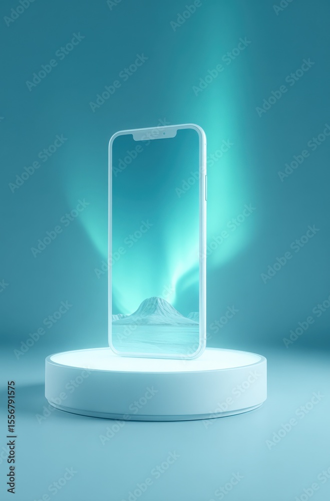 Poster modern sleek smartphone with a vibrant blue glowing wave background displayed on screen, positioned 