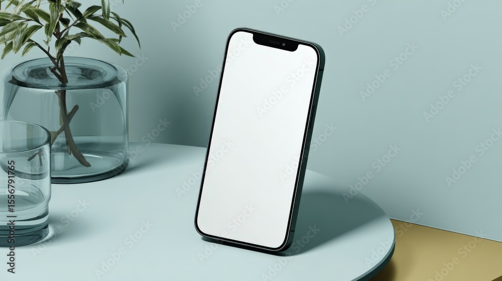 Poster modern sleek black smartphone with large blank screen on round table with decorative glass jars and 