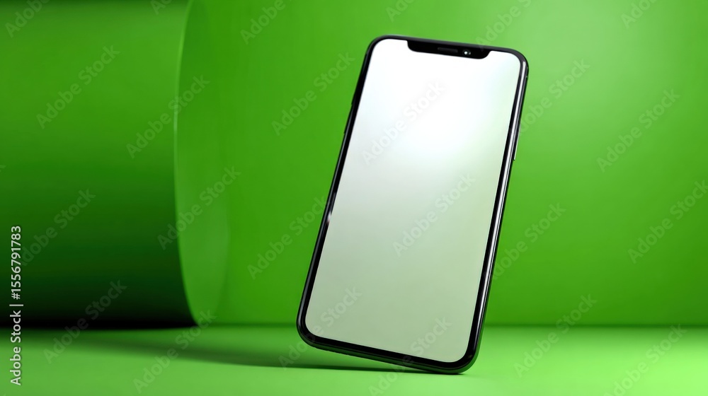 Poster modern smartphone with sleek black frame and blank white screen standing upright on vibrant green ba