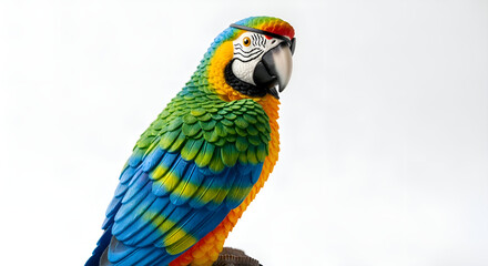 A close up parrot figurine with bright feathers, perched pirate style, on white background