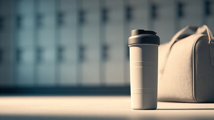 Travel and commuting themed image featu a disposable coffee cup and a backpack resting on a surface with a blurred urban background