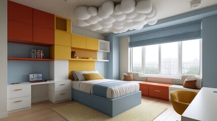 kid bedroom with primary color palette and modular furniture, volumetric lighting cloud-shaped ceiling fixture, plastic textures with HDR,