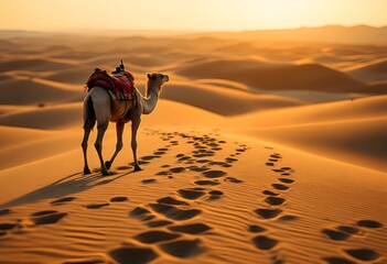 Camel Trekking Across Desert Dunes at Sunset Golden Hour Silhouette.