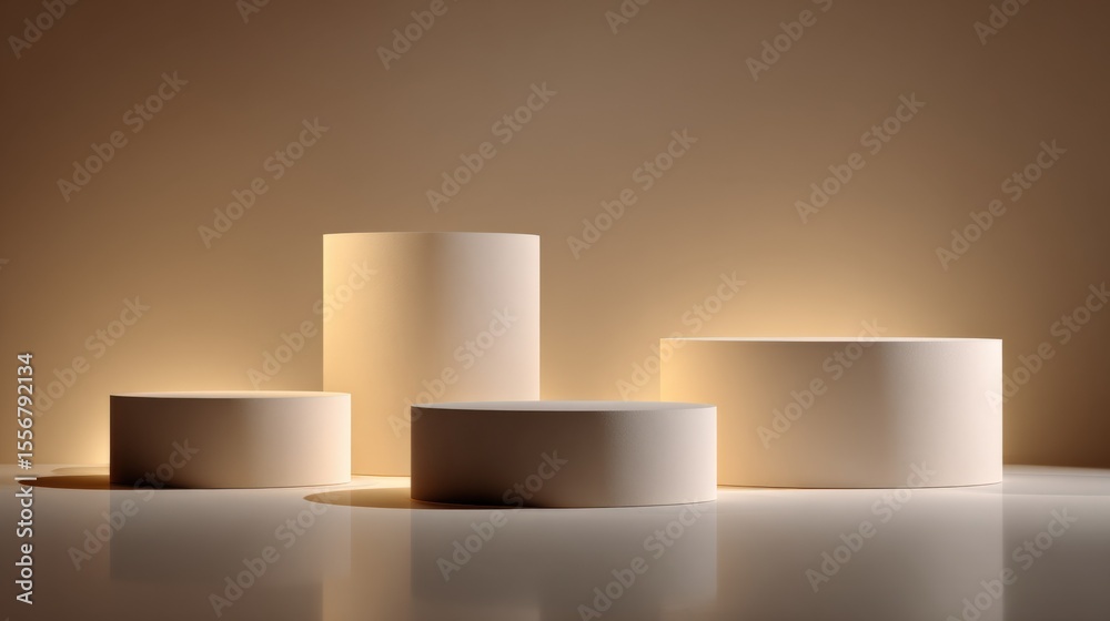 Poster minimalist modern beige and cream cylindrical podiums of various heights on neutral background for p