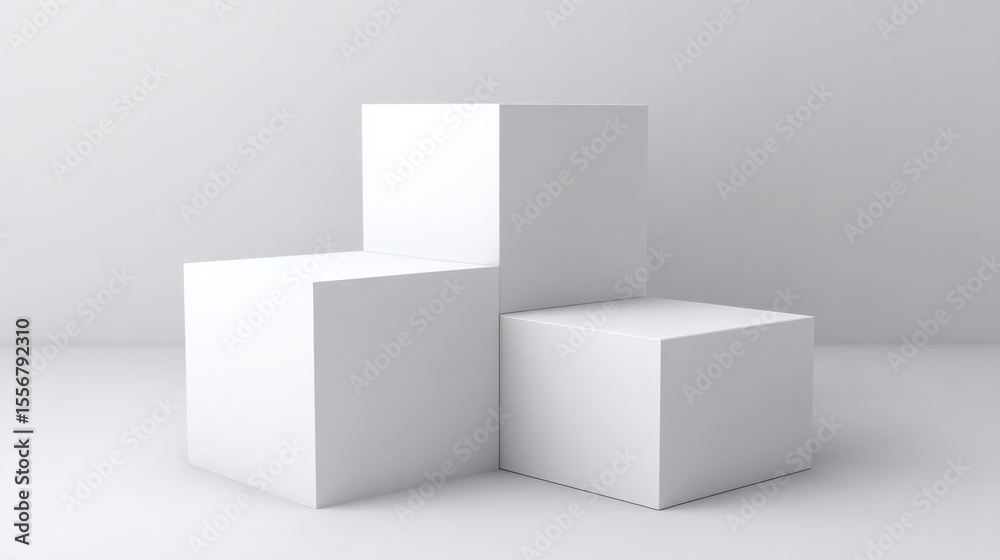 Poster modern minimalist white display cubes arranged against a plain white background for product showcasi