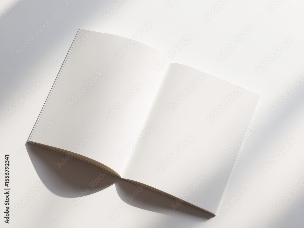 Poster open blank notebook or sketchbook with clean white pages on flat surface in bright natural light for