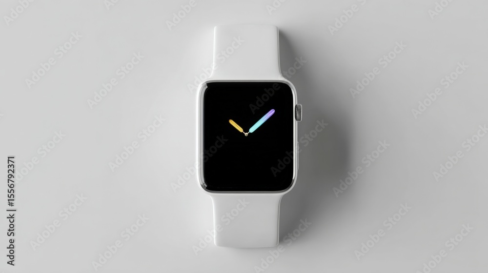Poster Modern smart watch with sleek design and digital color clock display on a clean light gray background