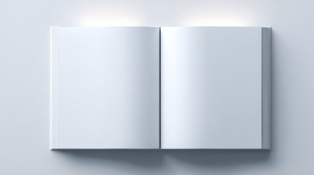 Open blank two-page hardcover notebook with clean white pages for writing journaling or sketching on a light background