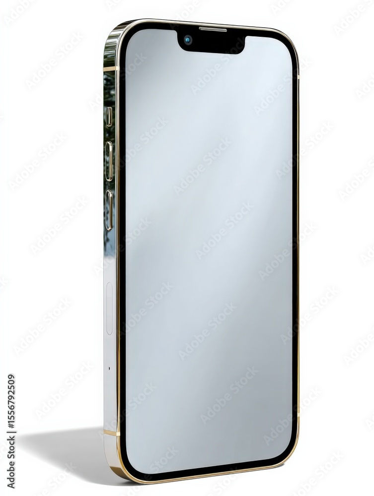 Poster Modern sleek smartphone with large touch screen display and slim metallic frame isolated on white background with shadows
