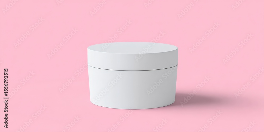 Poster Minimalist White Round Container or Box with Smooth Surface and Lid on Soft Pink Background for Packaging or Display Use