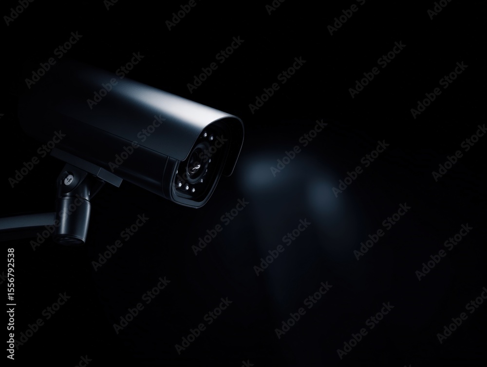 Aufkleber Close-up of a sleek black security camera mounted on a wall in a dark environment with a subtle spotlight effect and a blurred background