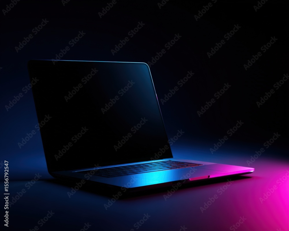 Poster Sleek modern laptop computer with illuminated colorful keyboard and glowing accents on a dark background for technology and digital device concepts