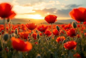 Sunset Serenade Vibrant Red Poppies and a Honeybee at Golden Hour.