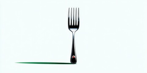 Elegant stainless steel fork with polished finish and four tines resting on a clean white surface for dining or restaurant setting