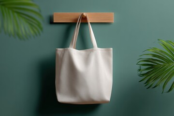 Elegant tote bag mockup hanging on wooden peg with custom print design