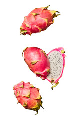 Three vibrant pink dragon fruits one halved showing white flesh and black seeds isolated on...