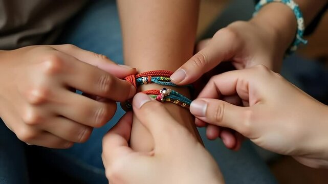 Woman tying a colorful friendship bracelet on another's wrist demonstrating handcrafted jewelry and a creative lifestyle