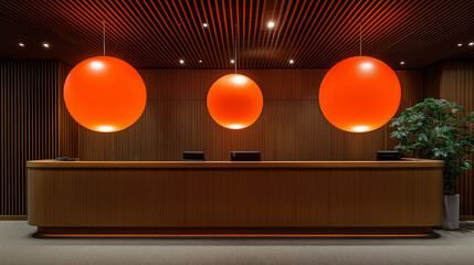 Interior view of a reception area with wooden paneling and three orange spherical pendant lights above counter