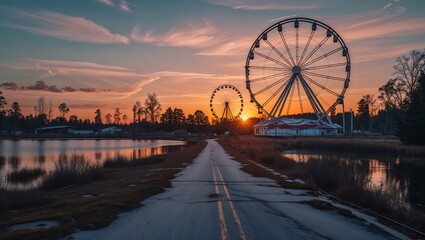 Abandoned theme park road beside lake, Ferris wheel sunset silhouette.
