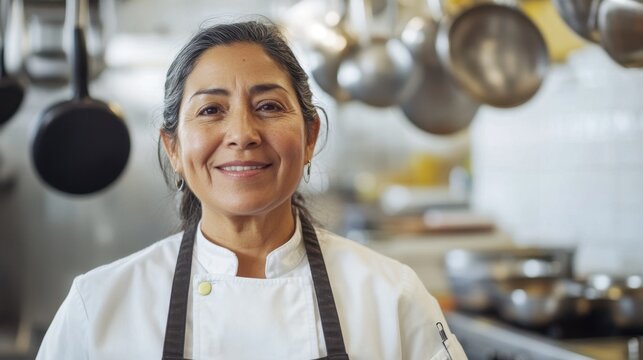 A confident middle-aged Hispanic woman smiles proudly in a kitchen setting, showcasing her experience as a professional chef. Perfect for culinary and diversity themes.