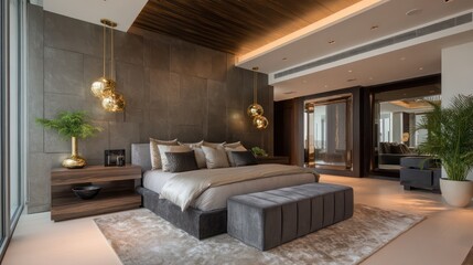 luxurious master bedroom with charcoal and gold tones, rim light highlighting brushed velvet textures and high-gloss wood, natural