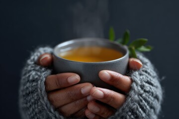 Hands holding warm cup of herbal tea on chilly morning