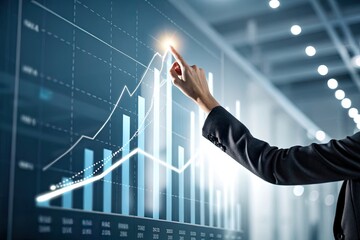 Business professional analyzing data trends on a digital screen in a modern office setting