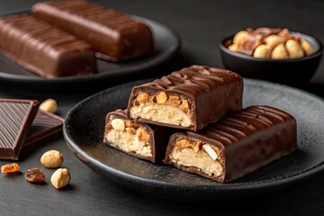 Delicious chocolate bars with nuts and caramel on a dark background, perfect for snacking