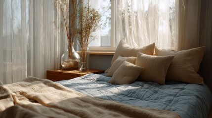 master bedroom in ash blue and soft beige with natural light spilling through sheer curtains, subtle lens flare,