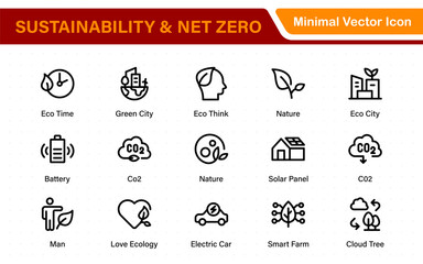 Set of sustainability and Net Zero, environmental, ecological, recyling, green, organic, industry thin line icons. Linear ecology simple symbol collection.
