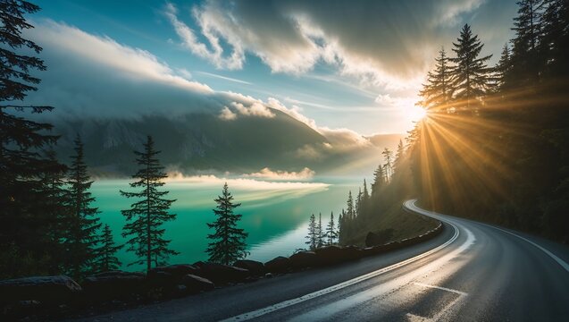 Fog-shrouded mountain road hugging emerald lake, sun breaking through clouds in golden rays, pine tree silhouettes, atmospheric perspective, f1.4 depth of field.