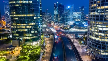 Futuristic cyberpunk city at night, glowing digital network connections between buildings - Powered by Adobe